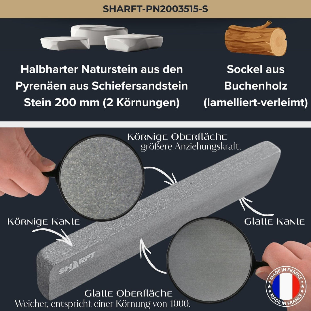 SHARFT, natürlicher Schleifstein aus den Pyrenäen 800/1000 + Holzsockel. Schleifstein mit 2 Körnunge