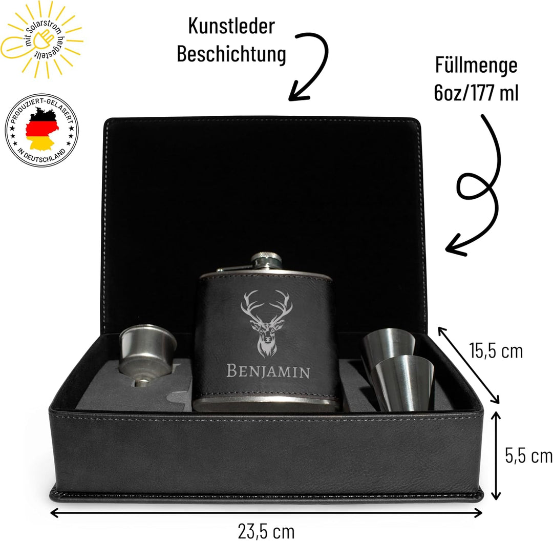 Flachmann Set personalisiert mit Gravur - Hirsch-Design mit deinem Namen - Edelstahl mit Kunstleder