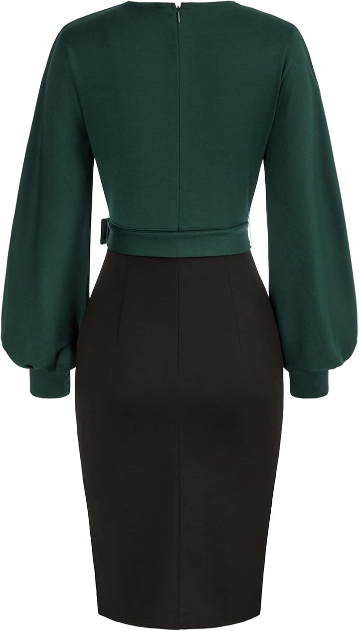 GRACE KARIN Damen Arbeit Bodycon Bleistiftkleid Langarm Hochzeit Gast Büro Kleider V-Ausschnitt Part