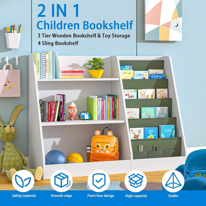 Kinderregal mit 4 Ablage und 3 offenen Fächern, Bücherregal für Kinder, Kinderzimmerregal, Bücherreg