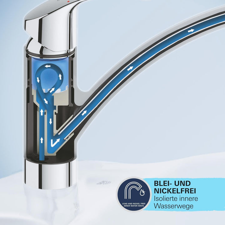 GROHE Start, Niederdruck Küchenarmatur mit hohem Auslauf (Wasserhahn Küche für offene Warmwasserbere