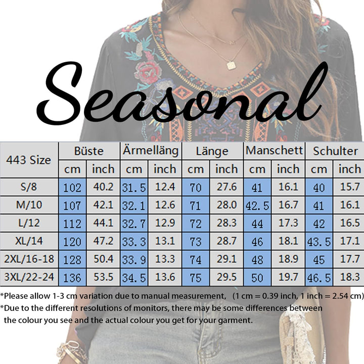 Tunika Damen Sommer Boho Bluse Folklore Stickerei Oberteil Trachten Hippie Kleidung Kurzarm V-Aussch
