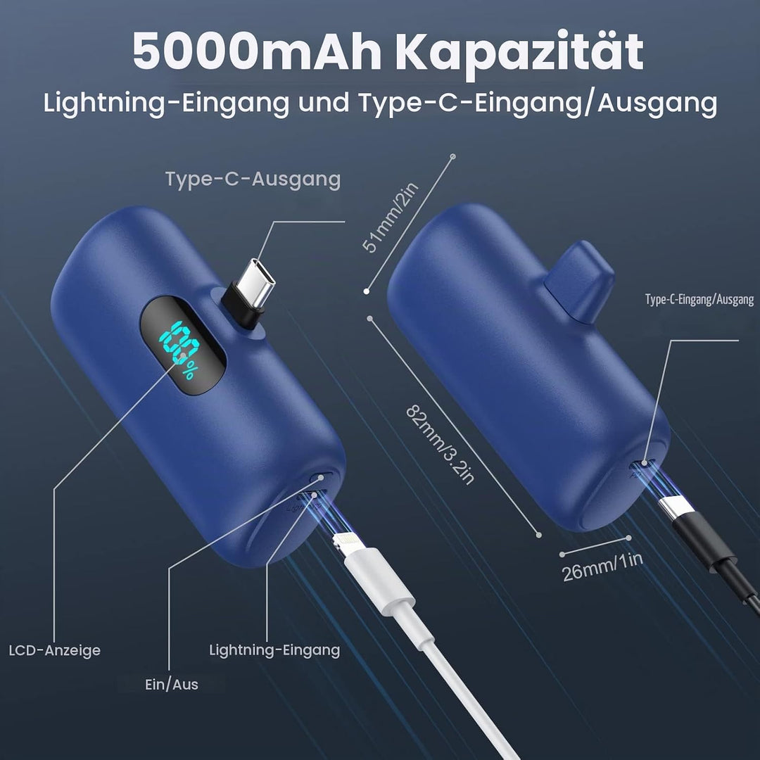 Power Bank USB C 5000mAh, Mini Powerbank Klein Aber Stark 15W PD 3.0 Schnelles Aufladen Tragbares Ex