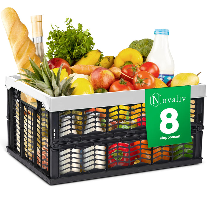 Novaliv Klappboxen faltbar stabil 8x 30L Grau Schwarz baskets Einkaufskiste Klappkisten Set Tragebox