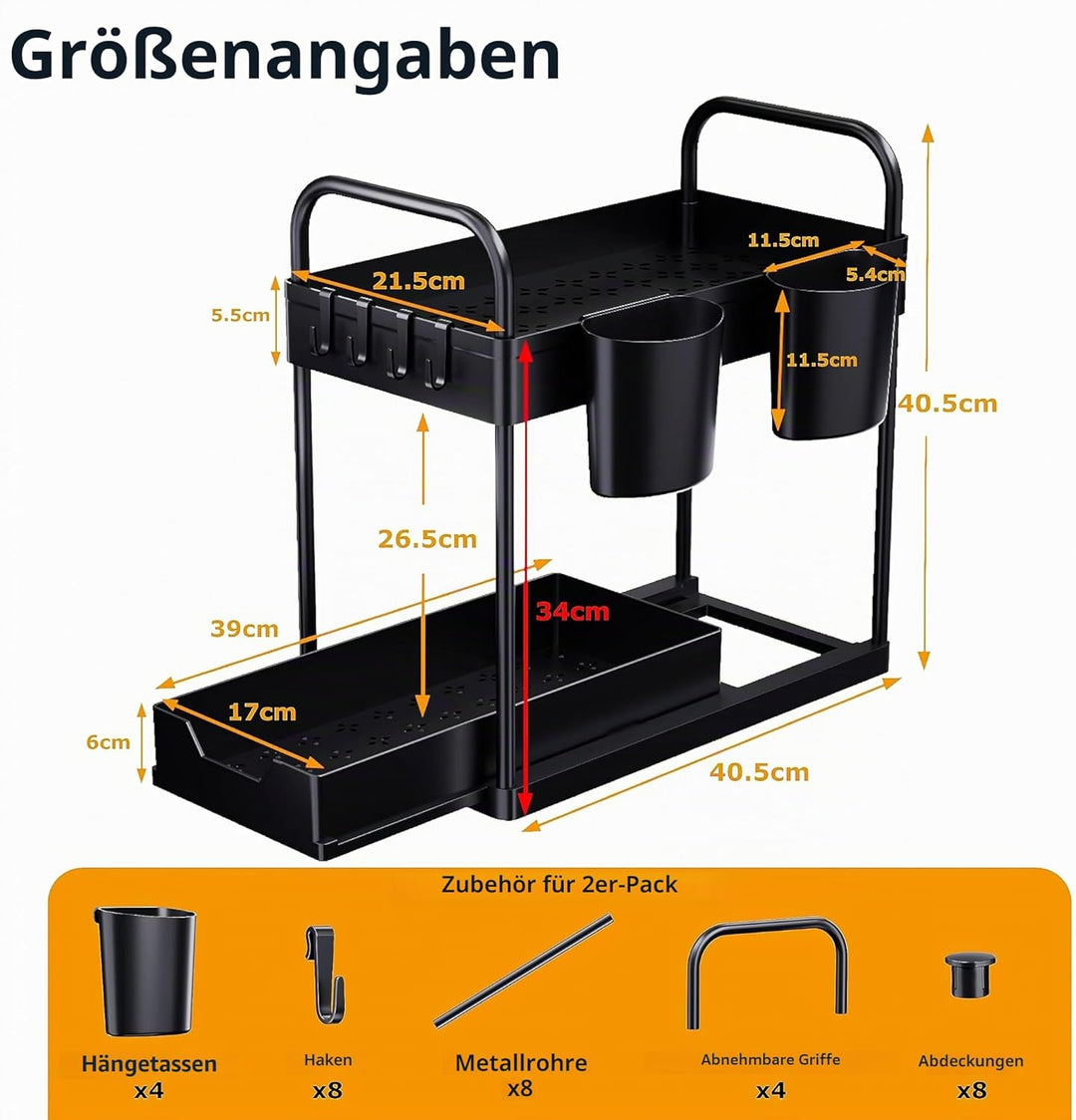 GEMWON Küchen Organizer, 2 Etagen Unter Waschbecken Regal mit 4 Haken &2 Tassen, Spülschrank Organiz