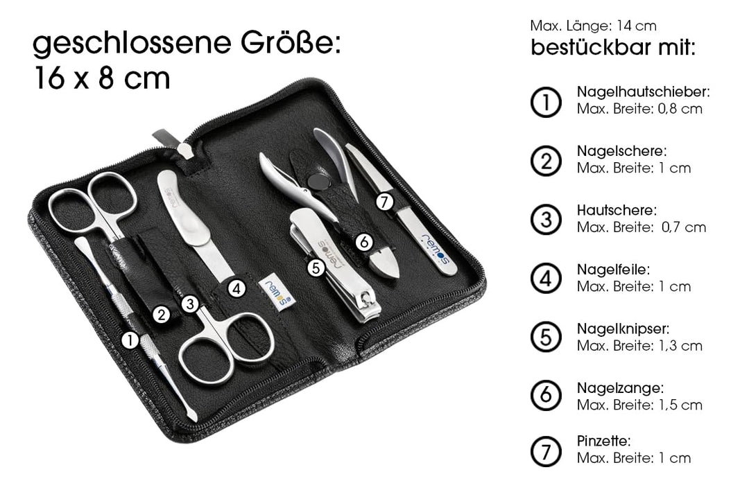 REMOS Nageletui leer aus echtem Leder zum Bestücken mit 7 Instrumenten - schwarz, Schwarz