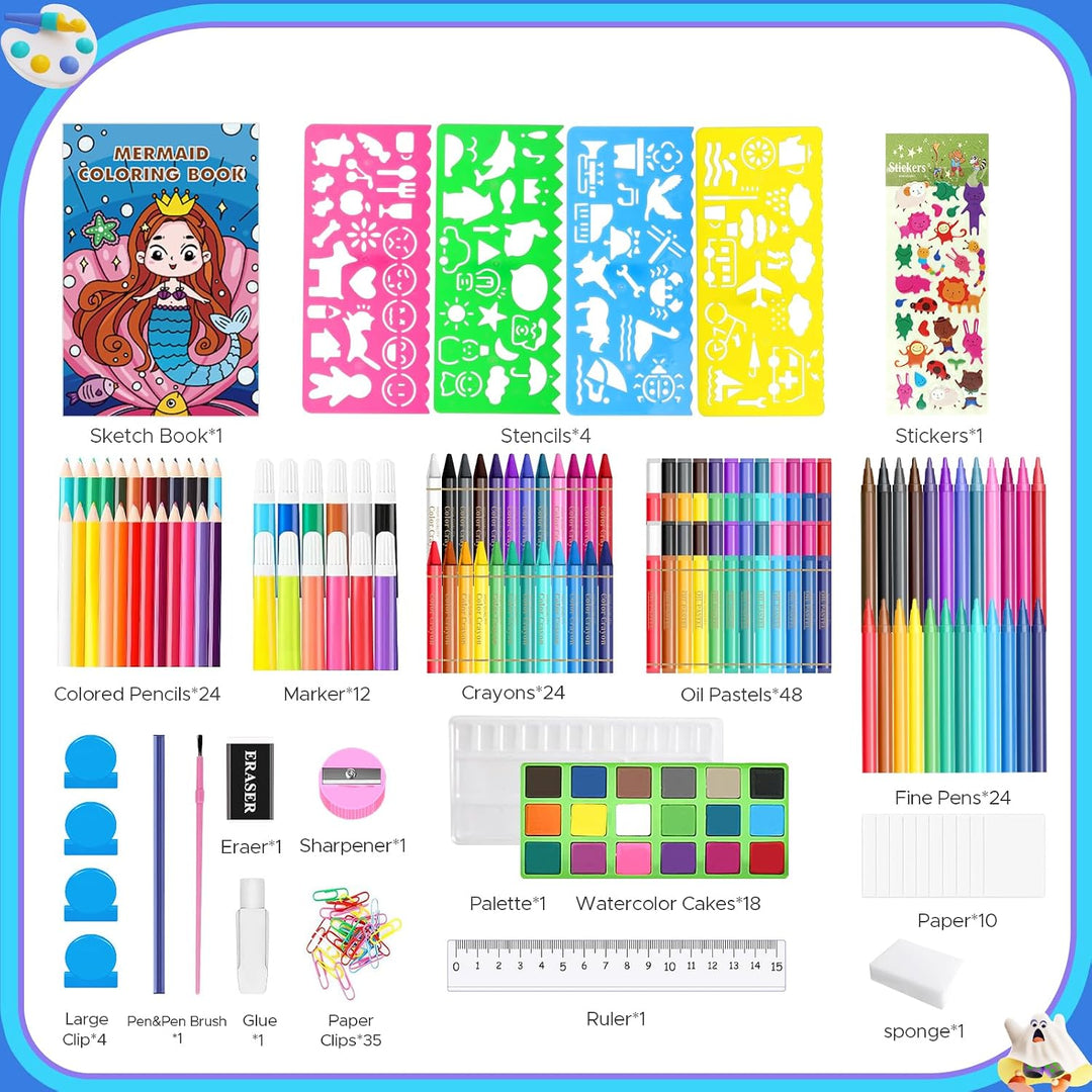 TCJJ Mermaid 208Pcs Meerjungfrau Kunstset für Kinder, Mädchen Zeichenset mit Meerjungfrau Malbuch, Ö