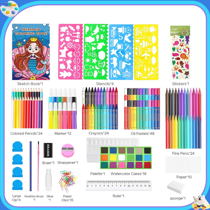 TCJJ Mermaid 208Pcs Meerjungfrau Kunstset für Kinder, Mädchen Zeichenset mit Meerjungfrau Malbuch, Ö