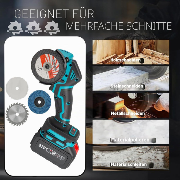 Mini Akku Winkelschleifer, Bürstenloser Winkelschleifer Klein mit 2 x 3000-mAh-Akkus, 7 Trennscheibe