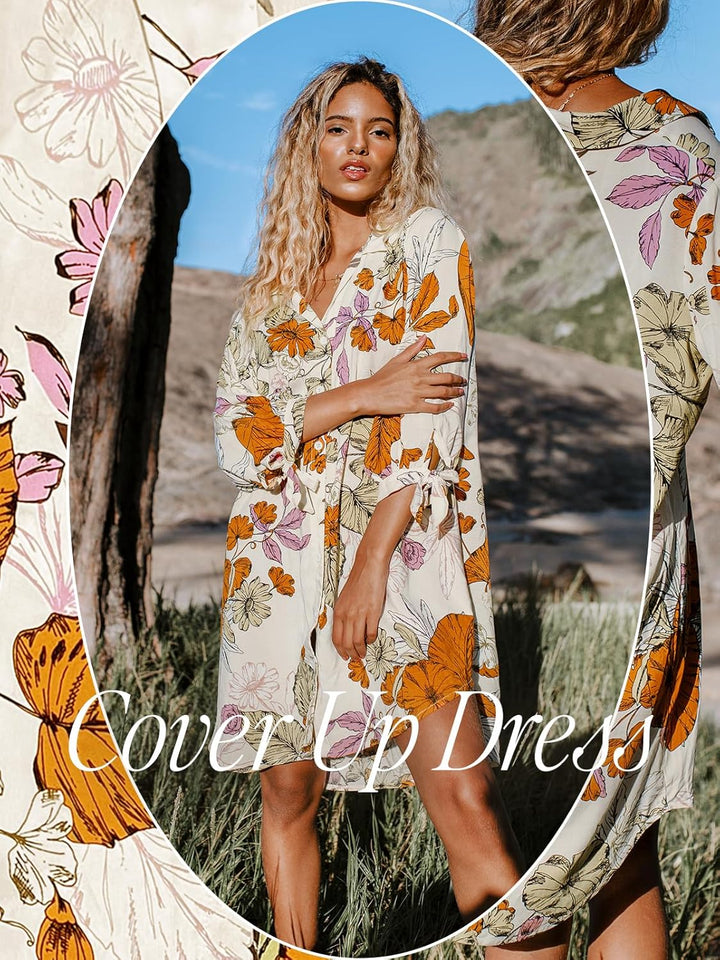 CUPSHE Damen Blusenkleid V Ausschnitt Langarm Lockeres Sommerkleid Freizeitkleider Bikini Cover Up H