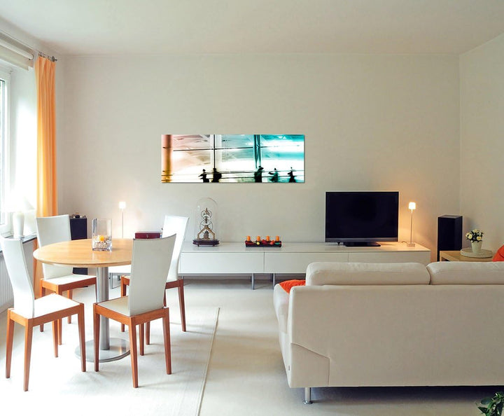 Paul Sinus Art Panoramabild auf Leinwand und Keilrahmen 150x50cm Stadt Gebäude modern Menschen abstr