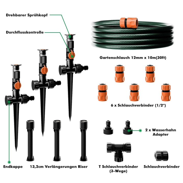 RESTMO Rasensprenger mit Erdspiess zur Gartenbewässerung, Mehrfach einstellbares Rasensprinkler, Fle