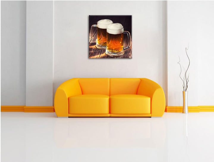 Zwei Masskrüge Bier, Format: 70x70 auf Leinwand, XXL riesige Bilder fertig gerahmt mit Keilrahmen, K