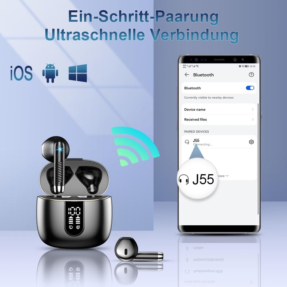Bluetooth 5.3 Kopfhörer, In Ear Kopfhörer Kabellos mit 4 Mic, 48H Tiefer Bass Spielzeit Wireless Ear