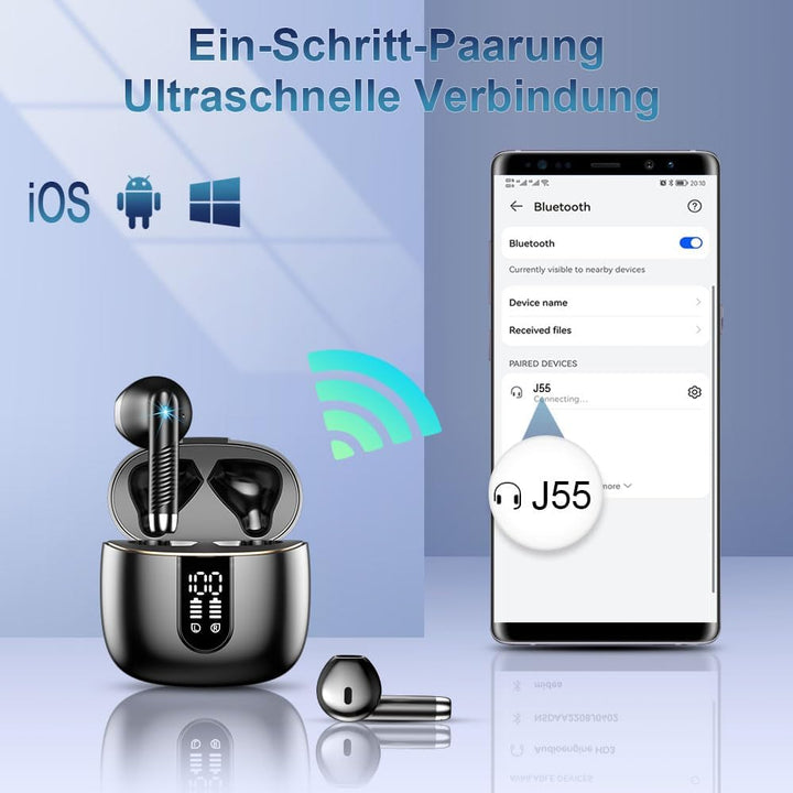 Bluetooth 5.3 Kopfhörer, In Ear Kopfhörer Kabellos mit 4 Mic, 48H Tiefer Bass Spielzeit Wireless Ear