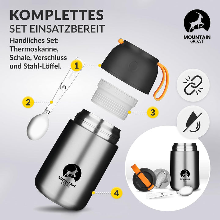MOUNTAIN GOAT Thermobehälter für Essen 720ml, Speisegefäss mit Klapplöffel aus Edelstahl, Warmhalteb