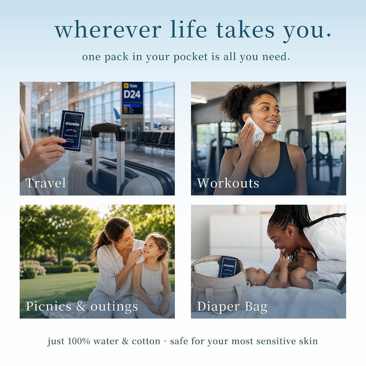 blissmile Feuchttücher aus 100 % Wasser und Baumwolle, Reisegrösse, einzeln verpackt, parfüm- und ko