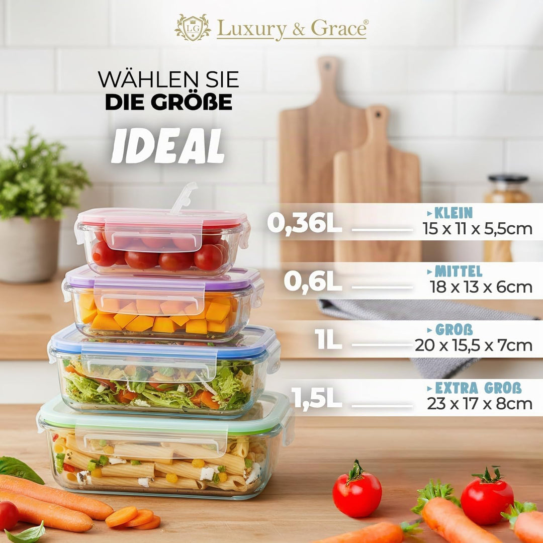 LG Luxury &amp; Grace 4er Packung Glas Frischhaltedosen 1000 ml. Luftdicht und Dampfloch. Geeignet für M