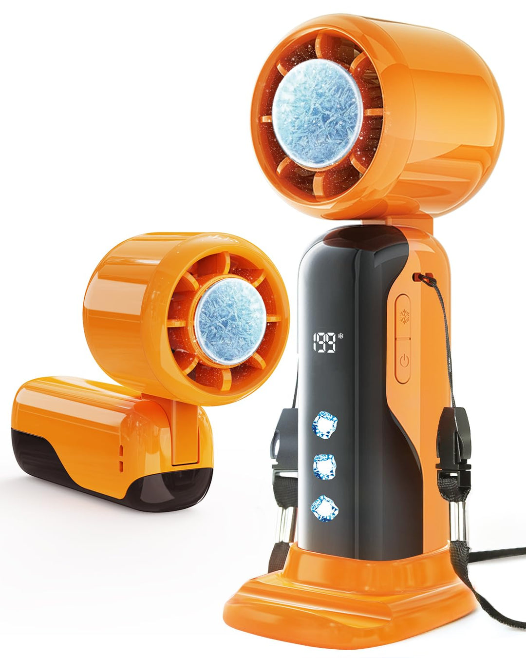 Tragbarer Turbo Handventilator mit Ice-Cooling, USB-C aufladbar,90° klappbar,1–199 Geschwindigkeitss