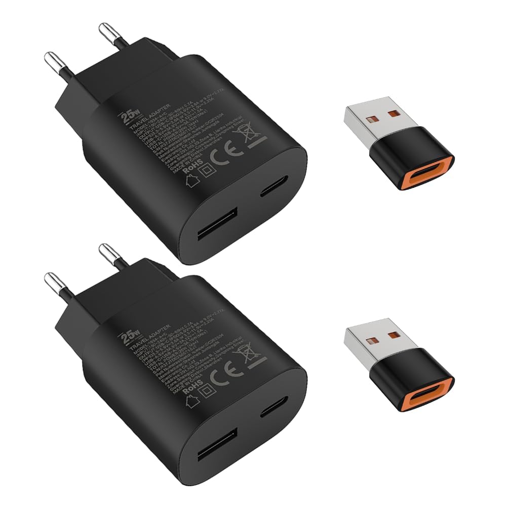 Schnellladegerät Ladeadapter netzteil 25W USB Typ-C 15W USB Typ-A Ladegerät （Schwarz 2 Stück）für: Sa