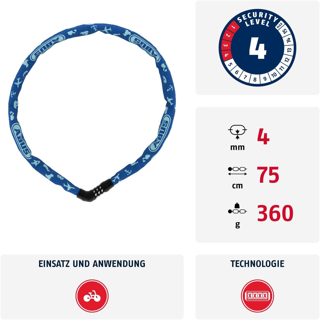 ABUS Kettenschloss Steel-O-Chain 4804C SYMBOLS – Zahlenschloss für Kinderfahrräder – ABUS-Sicherheit