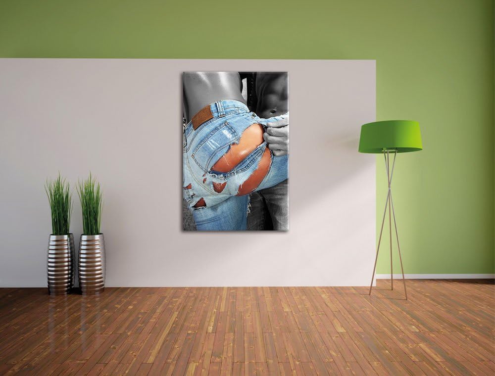 Pixxprint Frau in aufgerissener Jeans als Leinwandbild/Grösse: 100x70 cm/Wandbild/Kunstdruck/fertig