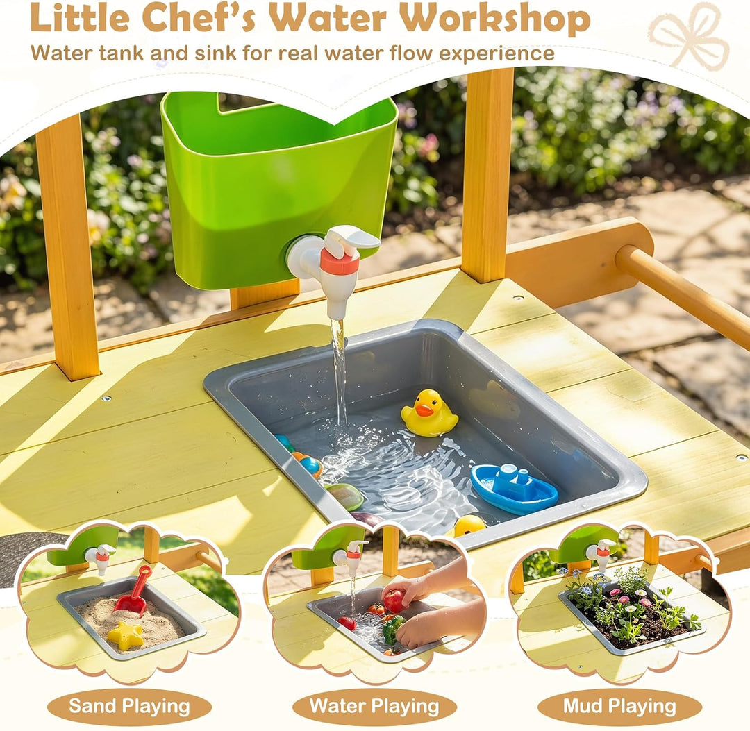 COSTWAY Matschküche Kinder Outdoor, Spielküche mit Wassertank &amp; Wasserhahn | Kinderküche mit Rädern,