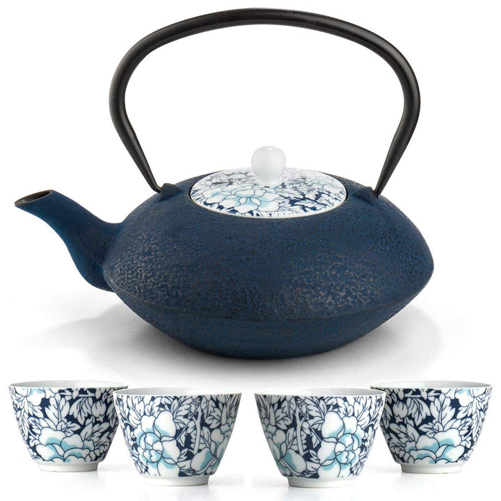 Teekanne asiatisch Gusseisen Set blau 1.2 Liter mit Henkel &amp; Edelstahl Tee-Filter-Sieb-Einsatz für l