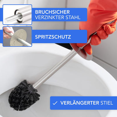 Bamodi Edelstahl Klobürste und Behälter | Mit Spritzschutz und 2 Ersatzbürstenköpfen – Blau Toilette