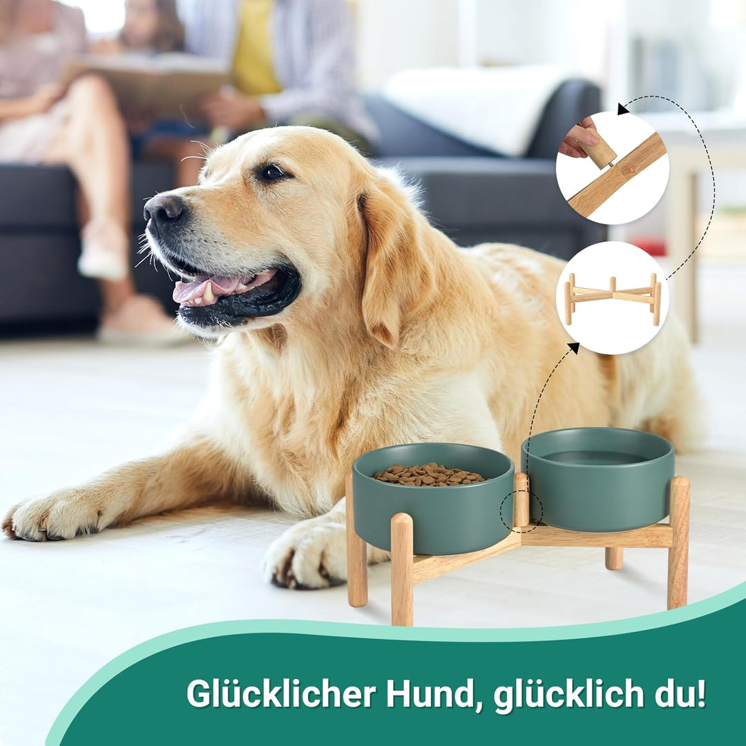 SPUNKYJUNKY Hundenapf Keramik Fressnapf Erhöhter Futternapf Wassernapf mit Bambus Ständer für mittel