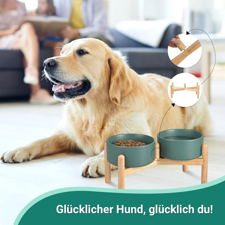 SPUNKYJUNKY Hundenapf Keramik Fressnapf Erhöhter Futternapf Wassernapf mit Bambus Ständer für mittel