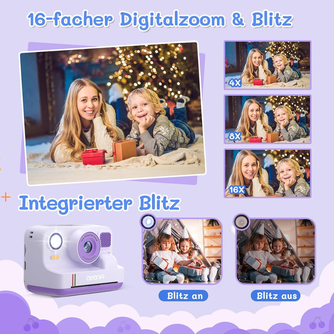 Kinderkamera Sofortbildkamera, 1080P Sofortbildkamera Kinder mit 32GB Karte & 3 Rollen Druckpapier,