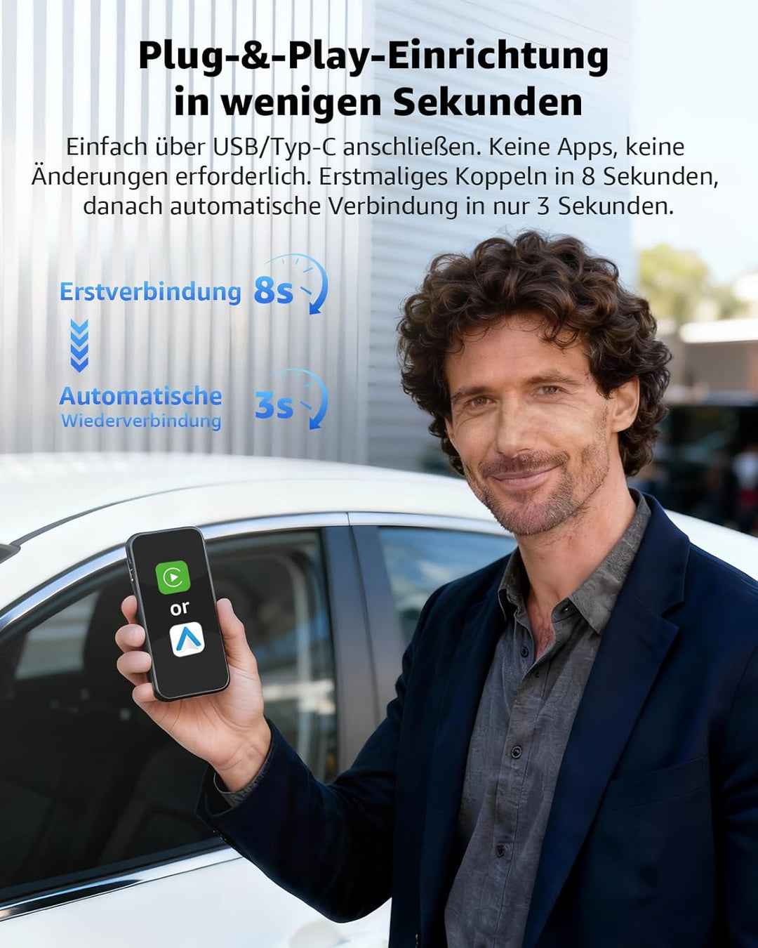 Wireless CarPlay Adapter, Kabelloser CarPlay & Android Auto Adapter, USB Dongle mit Schneller Automa