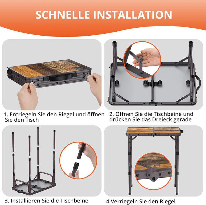 FUNYKICH Campingtisch Klapptisch 58x40cm, Faltbarer Grilltisch mit 3 Höhen Verstellbarer(26/48/70cm)