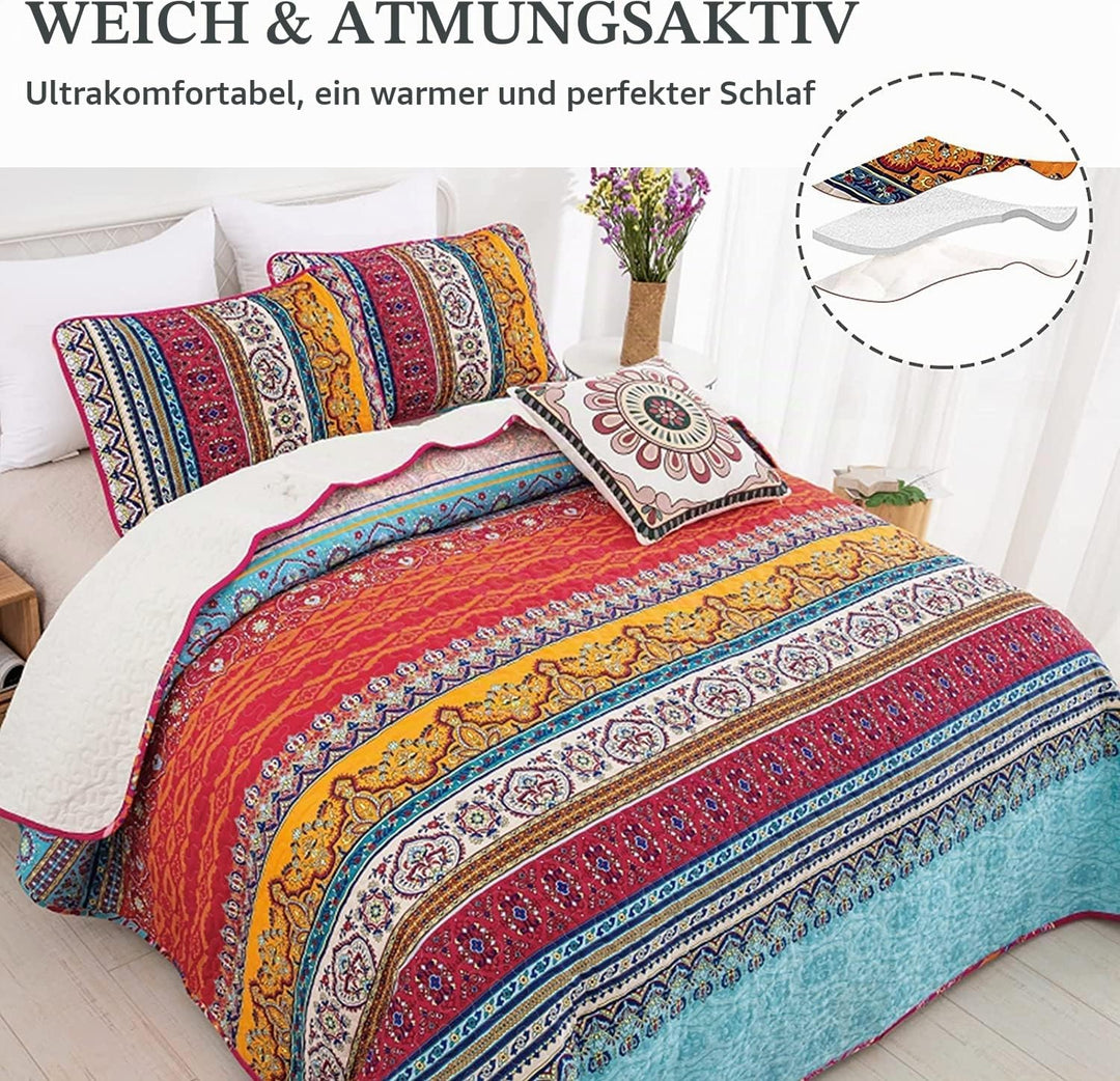 WONGS BEDDING Tagesdecke 200x220 Bettüberwurf Boho Decke Steppdecke 3 teilig Doppelbett Gesteppt Bet