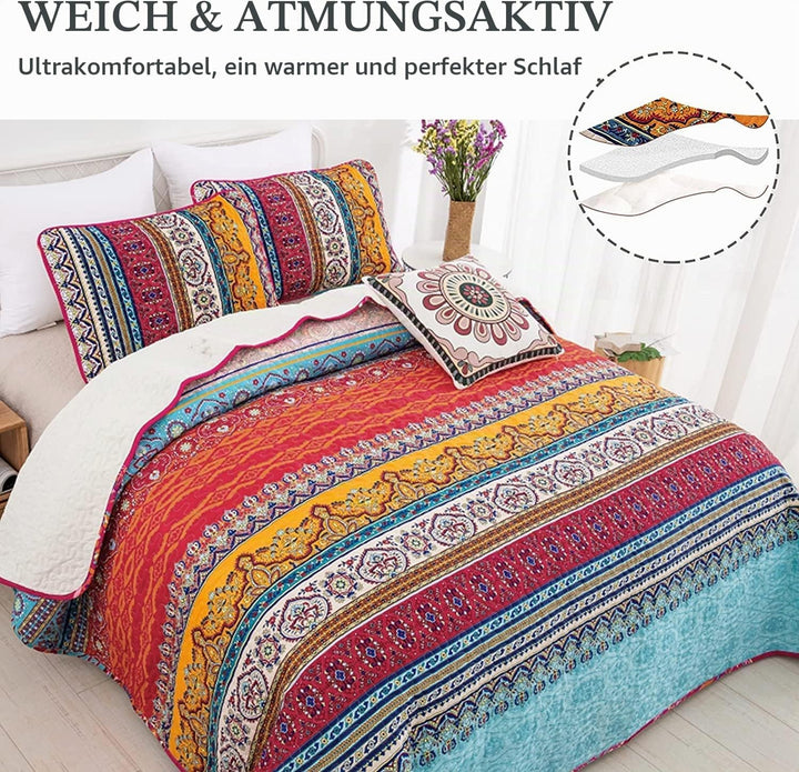 WONGS BEDDING Tagesdecke 200x220 Bettüberwurf Boho Decke Steppdecke 3 teilig Doppelbett Gesteppt Bet