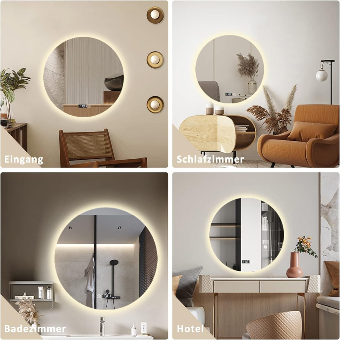 BD-Baode Runder Badspiegel mit Beleuchtung, 60x60 cm Badezimmerspiegel mit Touch Schalter und Uhr,LE