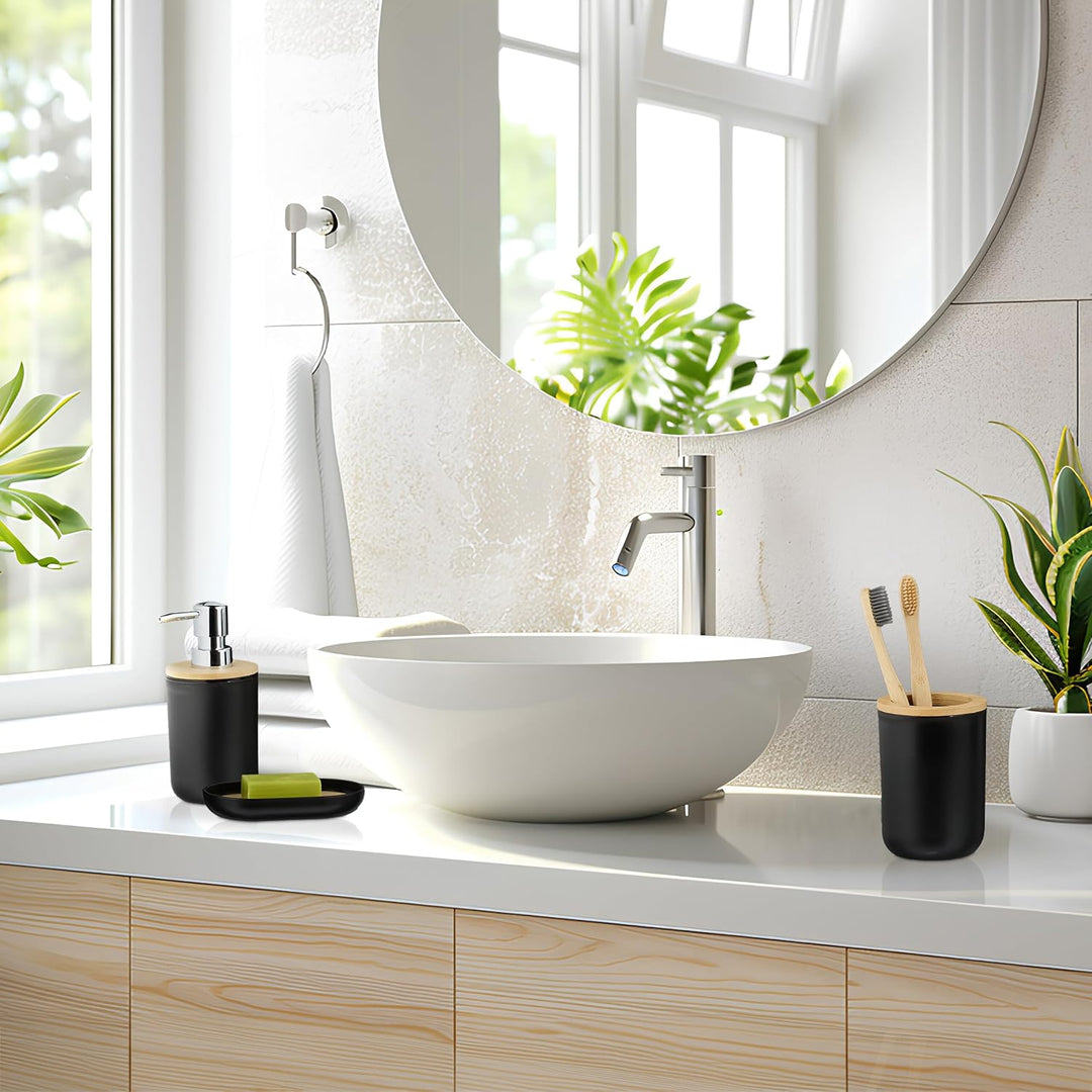Relaxdays Badezimmer Set, 6-teilig, Badaccessoires Kunststoff, Bambus, komplette Badezimmerausstattu