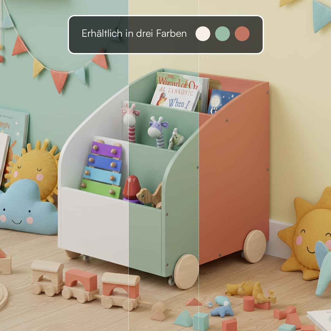 Bellabino Towy Kinderregal – Kinder Bücherregal mit 3 Fächern – Montessori Regal Mintgrün - Aufbewah