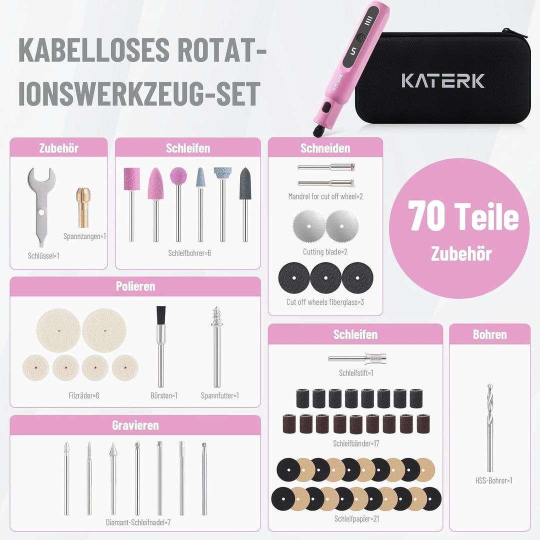Katerk Mini Akku Multifunktionswerkzeug,5 Gang Rotationswerkzeug Set,5000-20000 U/min & 70 Zubehörte