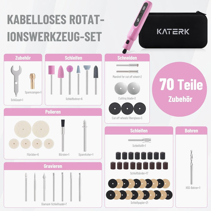 Katerk Mini Akku Multifunktionswerkzeug,5 Gang Rotationswerkzeug Set,5000-20000 U/min & 70 Zubehörte