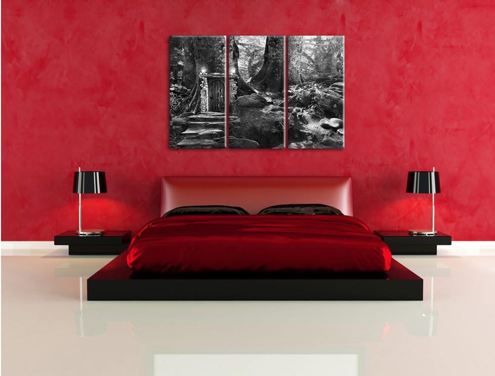 Pixxprint Geheimes Tor im Wald / 3-Teilig/Gesamtmass 120cm Leinwandbild bespannt auf Holzrahmen/Wand