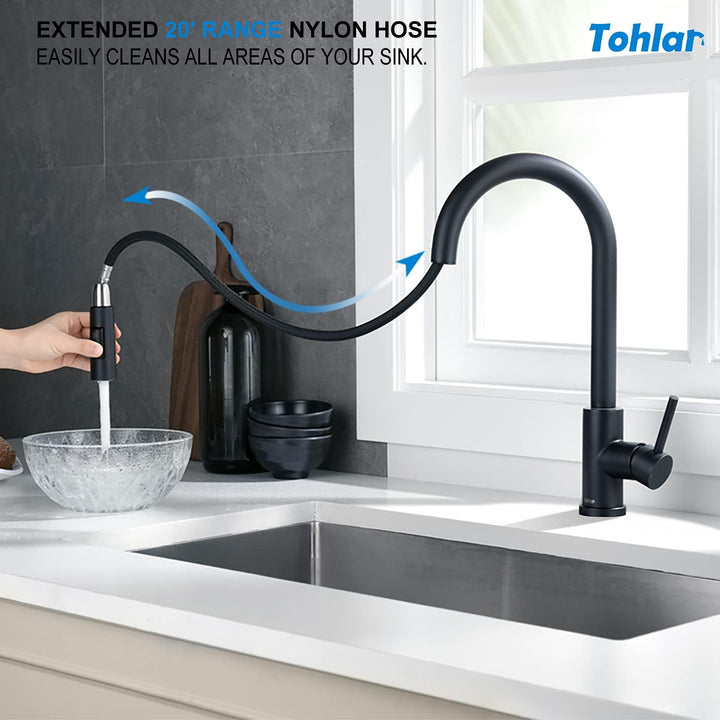 Tohlar Wasserhahn Küche Schwarz, Edelstahl Küchenarmatur, 360° Schwenkbar Spültischarmatur mit Braus
