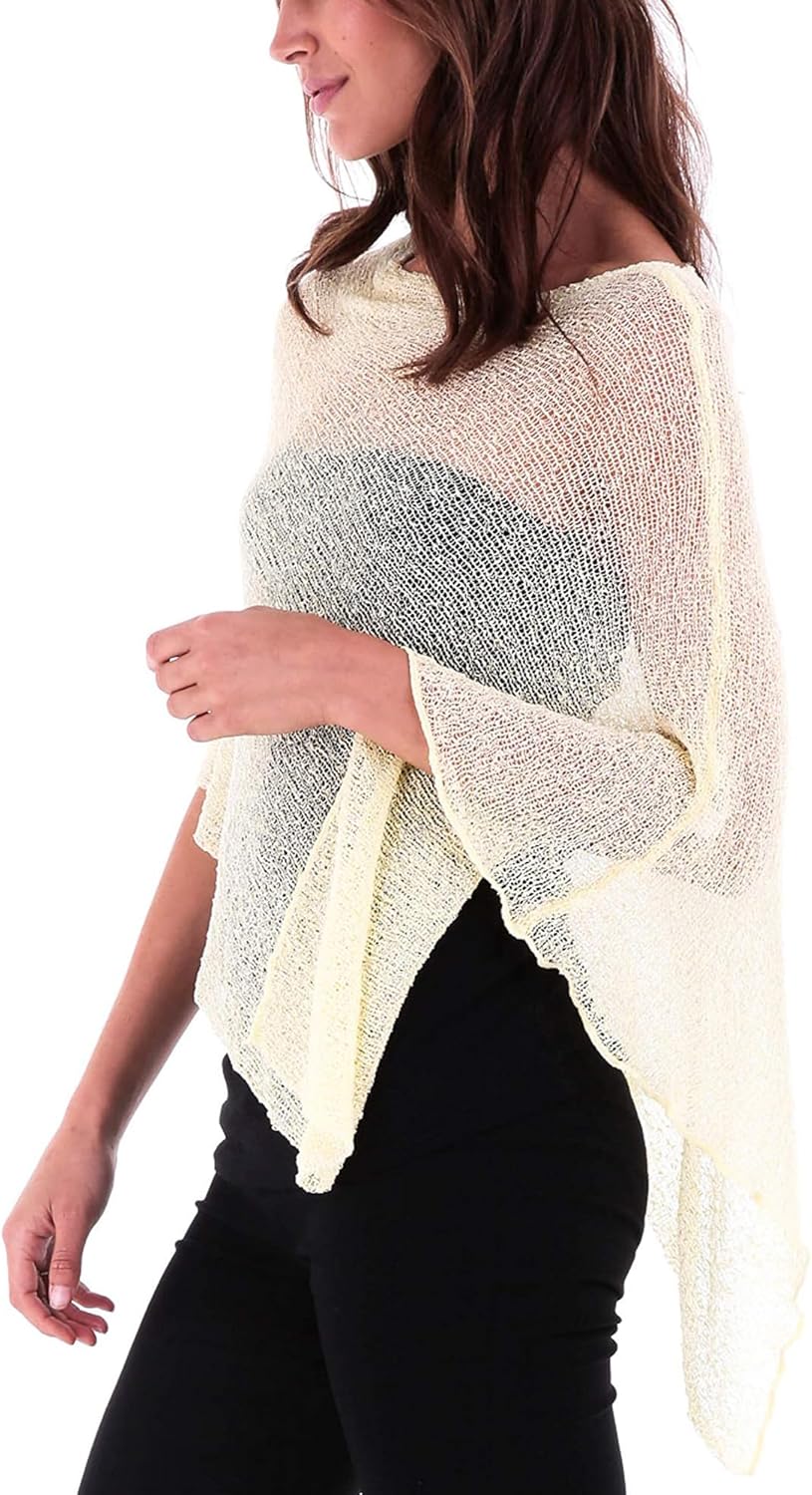SHU-SHI - Damen Poncho-Top - transparent - leichtes Strickmaterial Cremiges Gelb, Cremiges Gelb