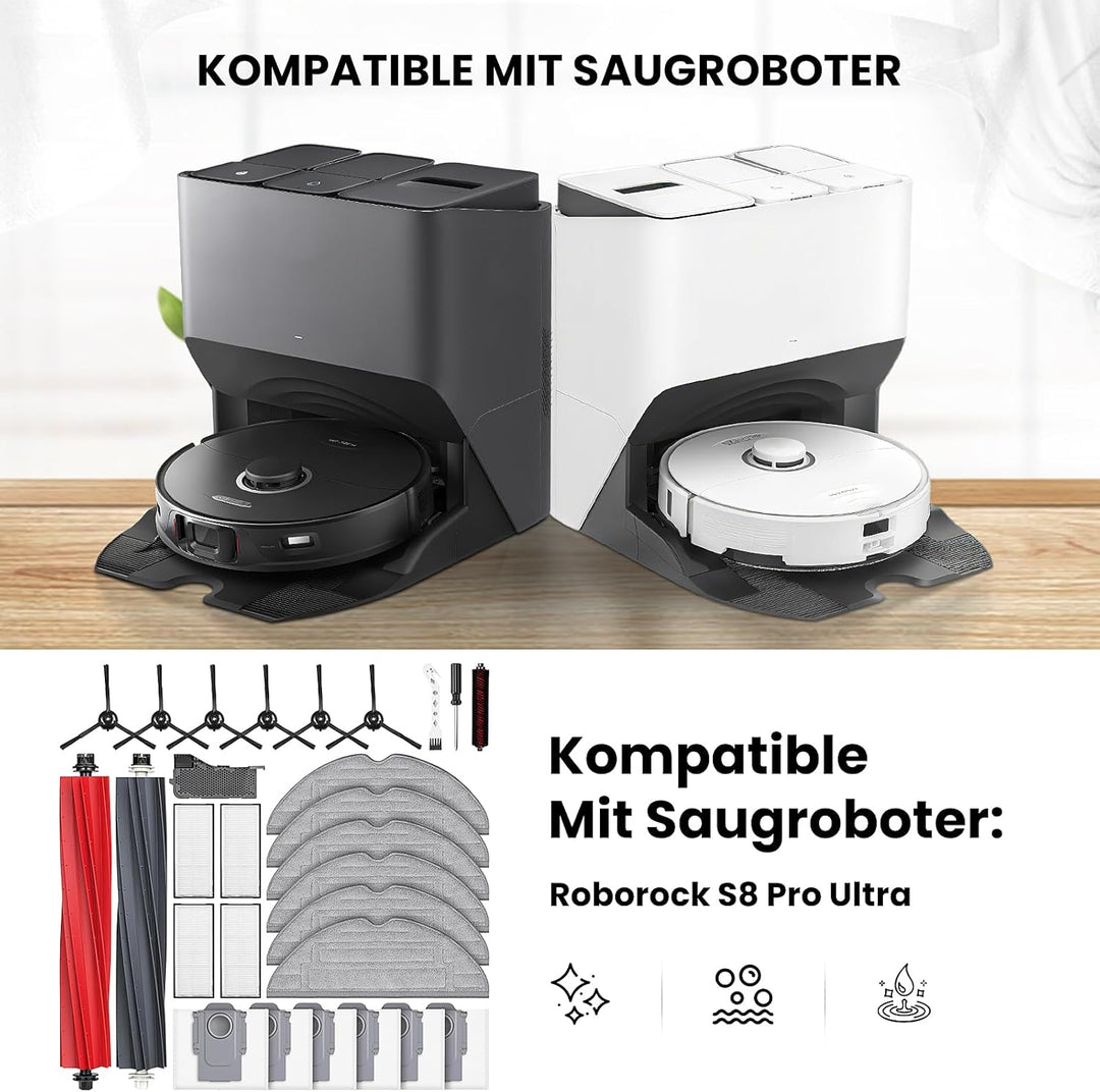 28 Stück Zubehör für Roborock S8 Pro Ultra Saugroboter, Ersatzteile 2 Hauptbürste 6 Staubbeutel 6 Wi