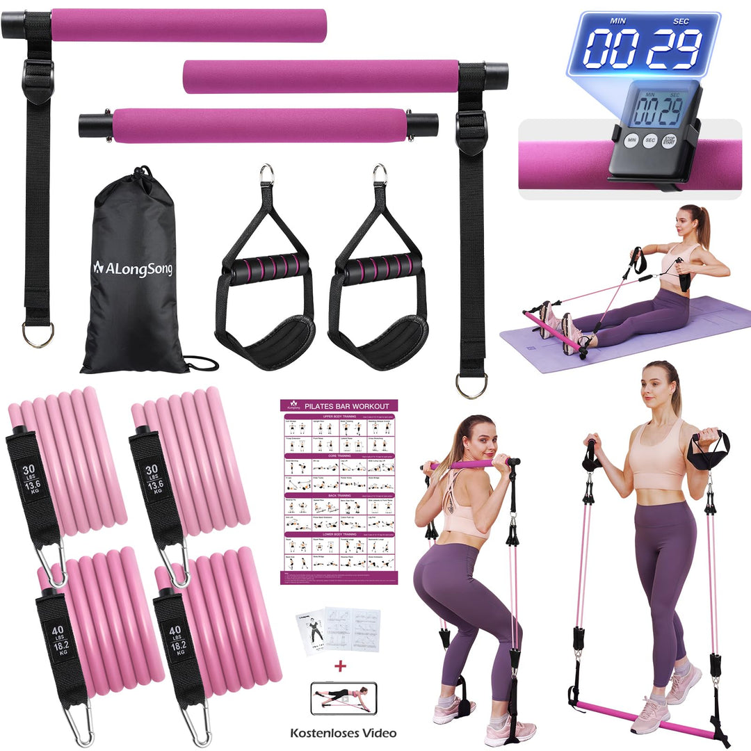 ALongSong Pilates Bar Set mit Widerstandsbänder Krafttraining 180LBS/140LBS/240LBS/360LBS Resistance