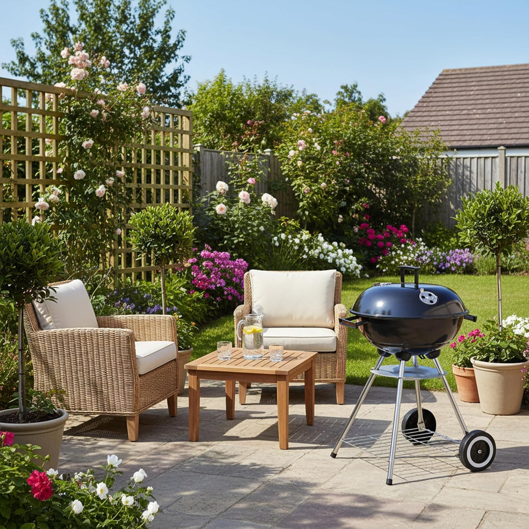Relaxdays Kugelgrill mit Deckel, Ablage & Aschetopf, fahrbar, Garten & Camping, Grill ∅ 40 cm, Holzk