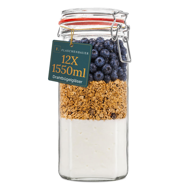Flaschenbauer- 12 Drahtbügelgläser 1550ml verwendbar als Einmachglas und Fermentierglas, zu Aufbewah