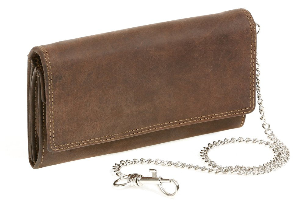 LEAS Bikerbörse Langbörse mit Chrom-Kette im Vintage-Stil MCL in Echt-Leder, braun Chain-Series