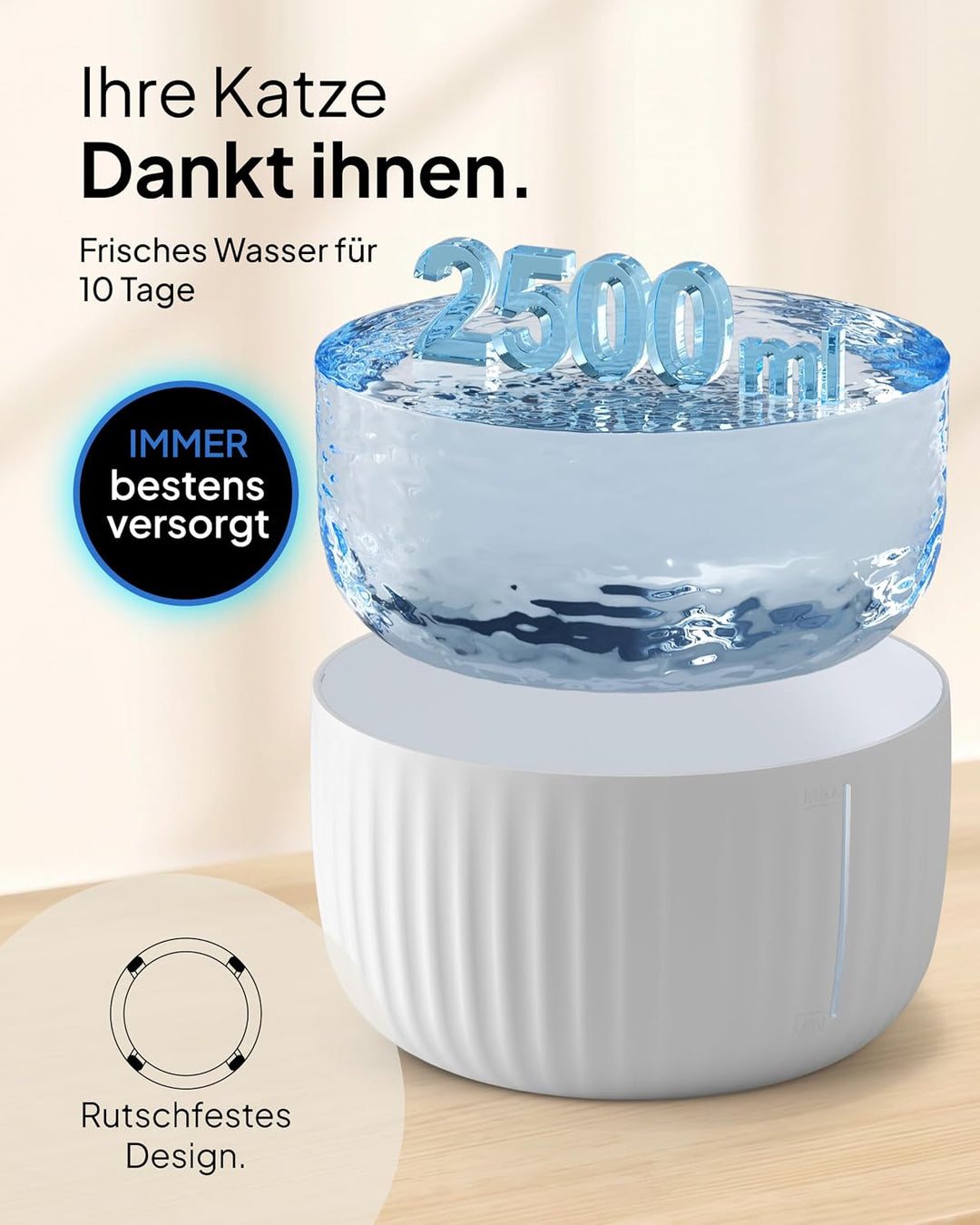 Pretty Paw Katzenbrunnen mit Leiser Pumpe, LED und Aktivkohlefilter, 2,5L Weis, Weis